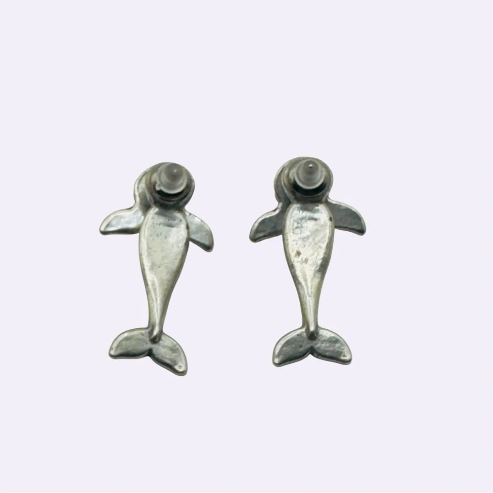 Vintage EARlusion Earrings 3D Pewter Dolphin Studs Silver Tone